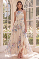 Load image into Gallery viewer, A Line Maxi Halter Floral Apricot Ruffled Open Back Beach Wedding Guest Dress with Slit