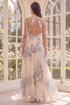 A Line Maxi Halter Floral Apricot Ruffled Open Back Beach Wedding Guest Dress with Slit