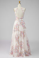Load image into Gallery viewer, A Line Maxi Halter Floral Apricot Ruffled Open Back Beach Wedding Guest Dress with Slit