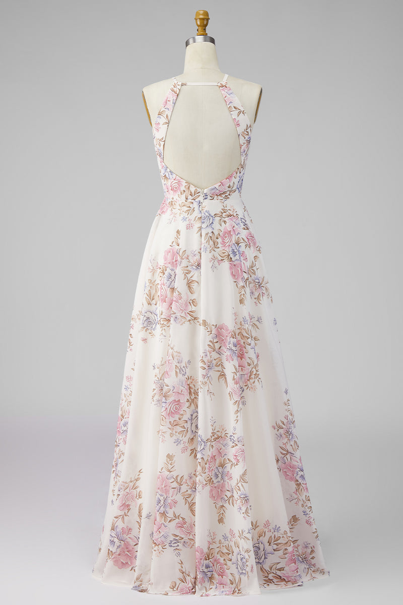 Load image into Gallery viewer, A Line Maxi Halter Floral Apricot Ruffled Open Back Beach Wedding Guest Dress with Slit