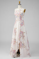 Load image into Gallery viewer, A Line Maxi Halter Floral Apricot Ruffled Open Back Beach Wedding Guest Dress with Slit