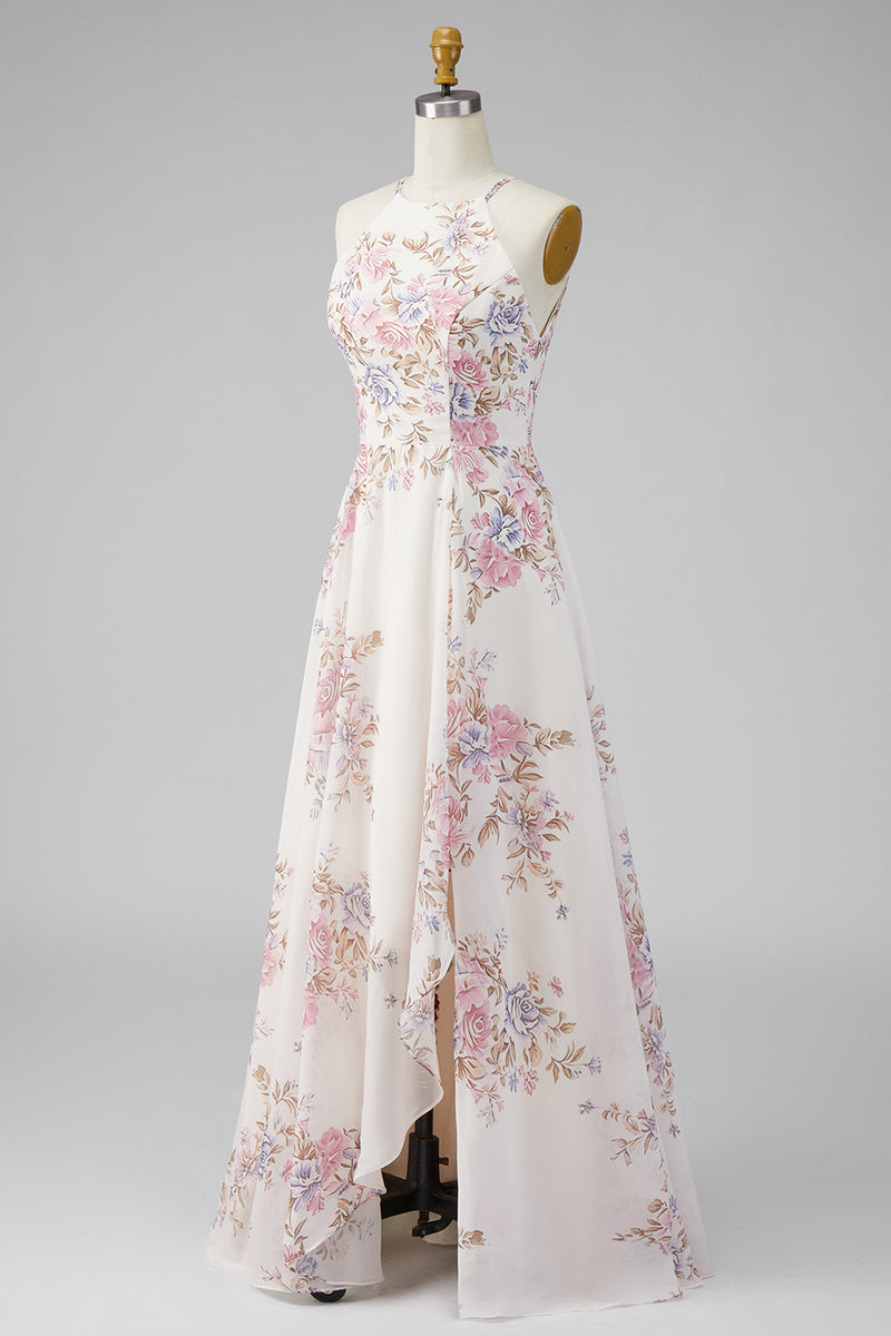 Load image into Gallery viewer, A Line Maxi Halter Floral Apricot Ruffled Open Back Beach Wedding Guest Dress with Slit