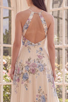 Load image into Gallery viewer, A Line Maxi Halter Floral Apricot Ruffled Open Back Beach Wedding Guest Dress with Slit