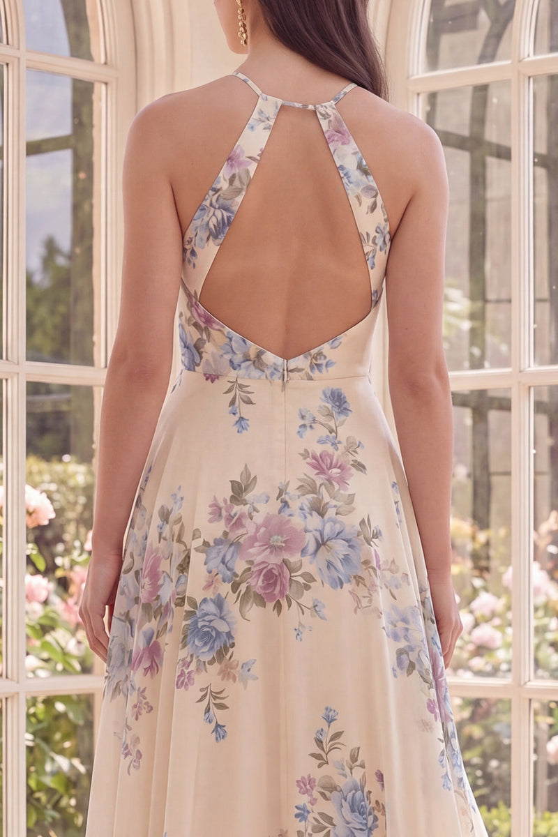 Load image into Gallery viewer, A Line Maxi Halter Floral Apricot Ruffled Open Back Beach Wedding Guest Dress with Slit