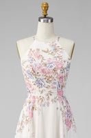 Load image into Gallery viewer, A Line Maxi Halter Floral Apricot Ruffled Open Back Beach Wedding Guest Dress with Slit