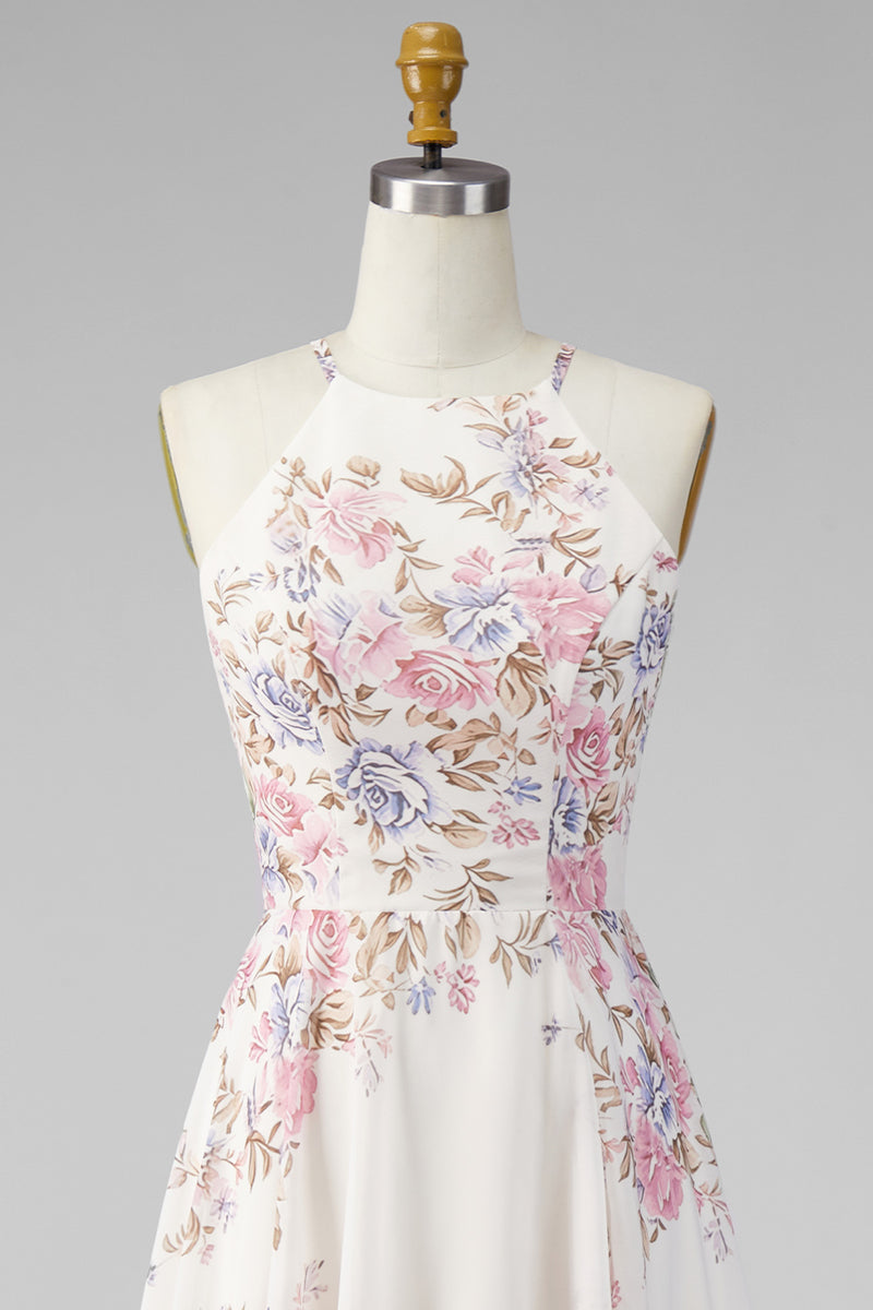 Load image into Gallery viewer, A Line Maxi Halter Floral Apricot Ruffled Open Back Beach Wedding Guest Dress with Slit