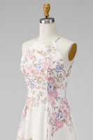 Load image into Gallery viewer, A Line Maxi Halter Floral Apricot Ruffled Open Back Beach Wedding Guest Dress with Slit