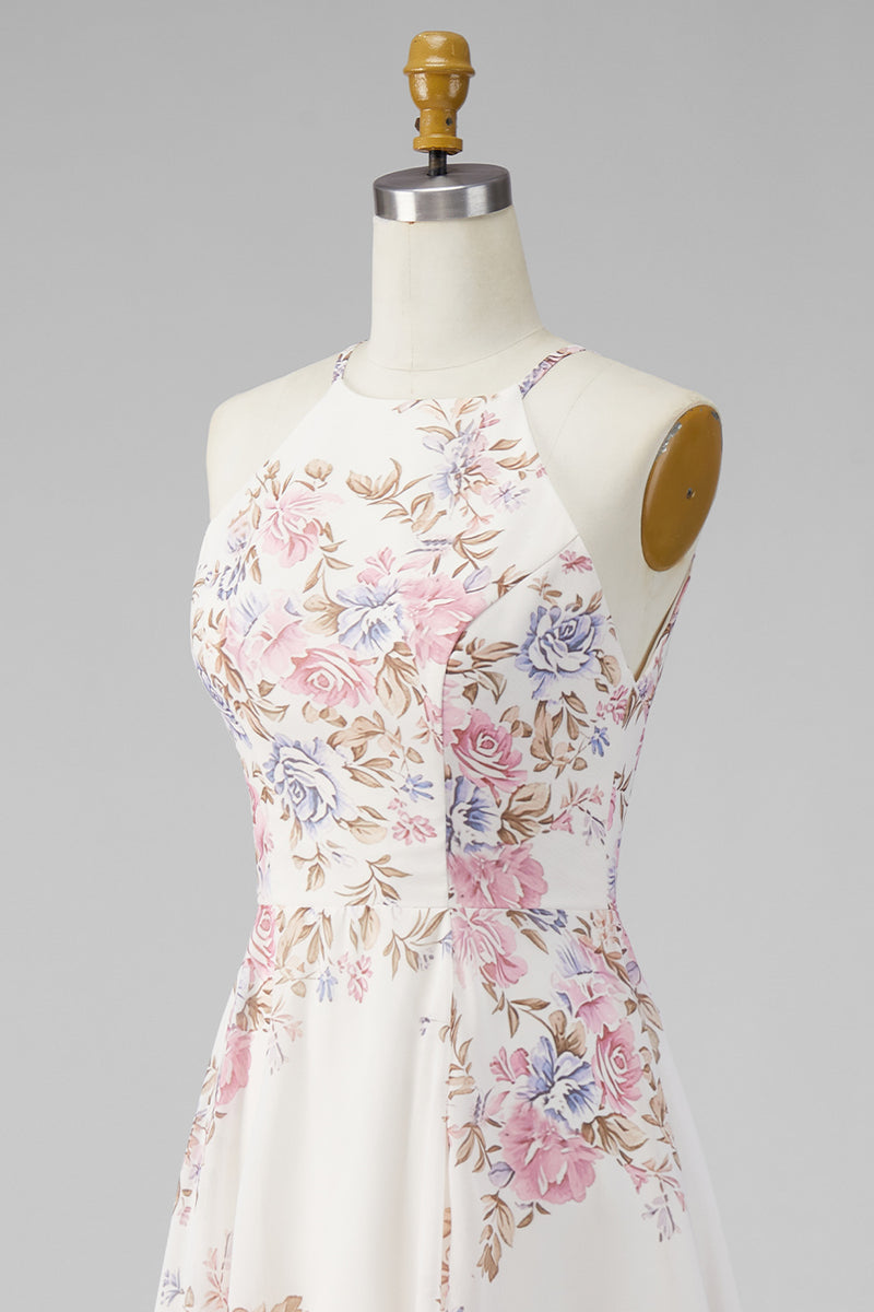 Load image into Gallery viewer, A Line Maxi Halter Floral Apricot Ruffled Open Back Beach Wedding Guest Dress with Slit