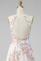 Load image into Gallery viewer, A Line Maxi Halter Floral Apricot Ruffled Open Back Beach Wedding Guest Dress with Slit