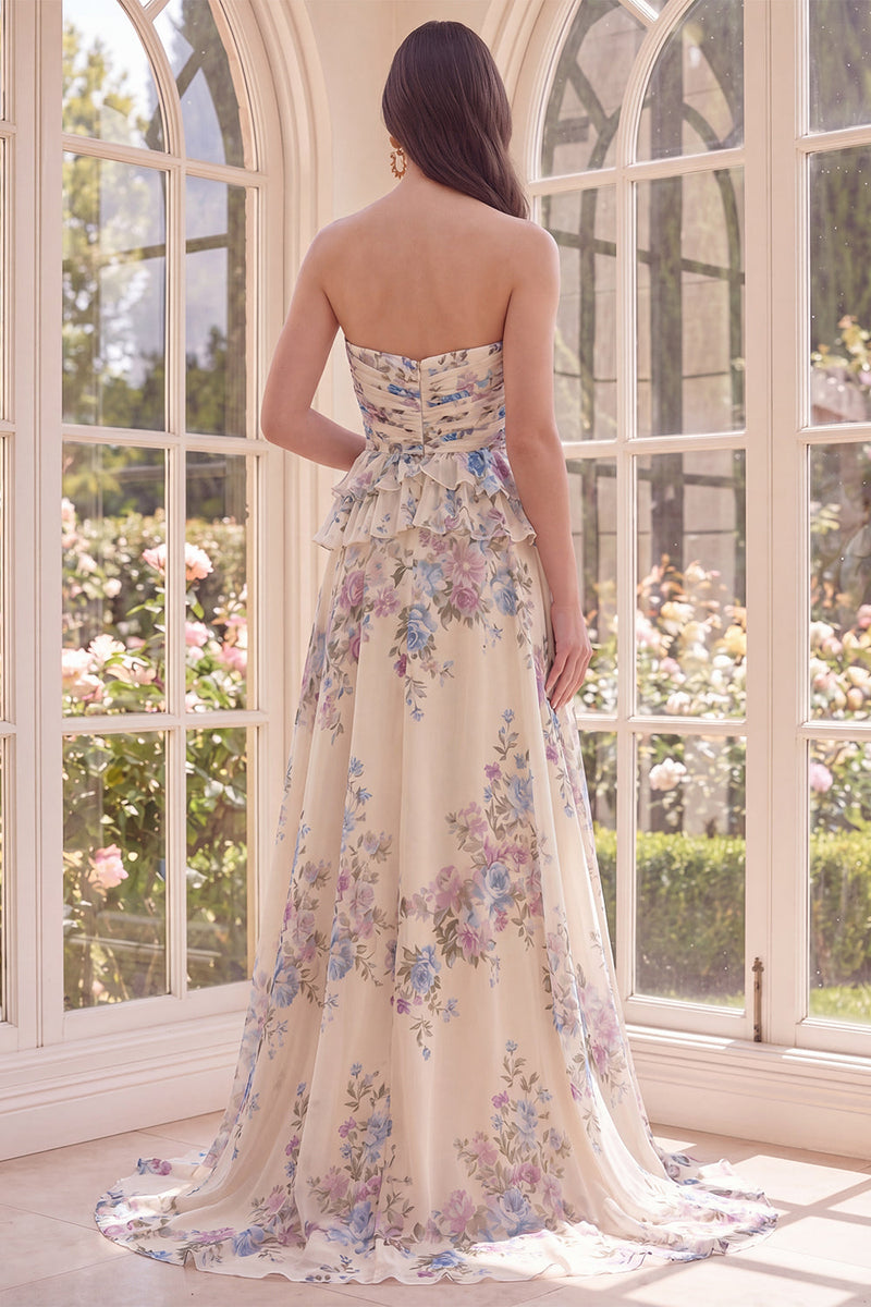 Load image into Gallery viewer, Basque Waist Floral Apricot A Line Maxi Beach Wedding Guest Dress with Ruffles
