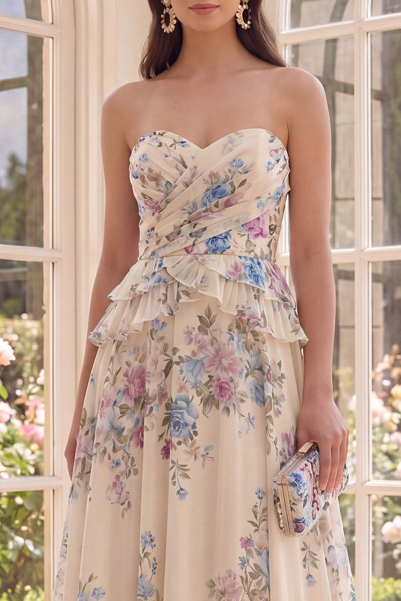 Load image into Gallery viewer, Basque Waist Floral Apricot A Line Maxi Beach Wedding Guest Dress with Ruffles