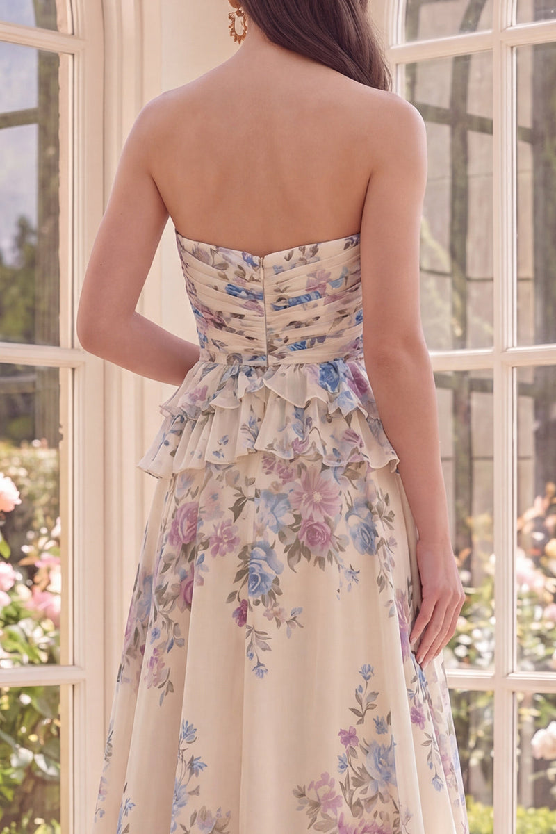 Load image into Gallery viewer, Basque Waist Floral Apricot A Line Maxi Beach Wedding Guest Dress with Ruffles