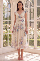 Load image into Gallery viewer, Floral Ruched Apricot V-Neck A Line Maxi Beach Wedding Guest Dress