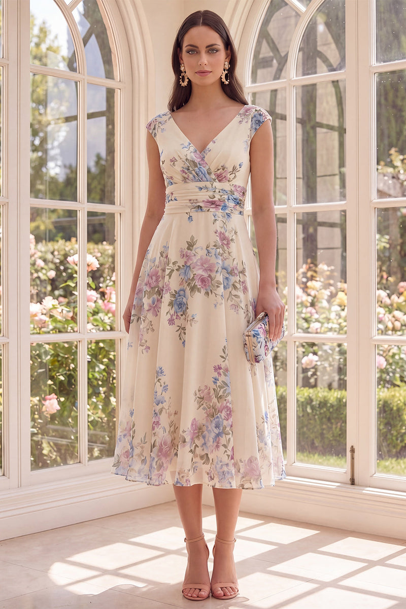 Load image into Gallery viewer, Floral Ruched Apricot V-Neck A Line Maxi Beach Wedding Guest Dress