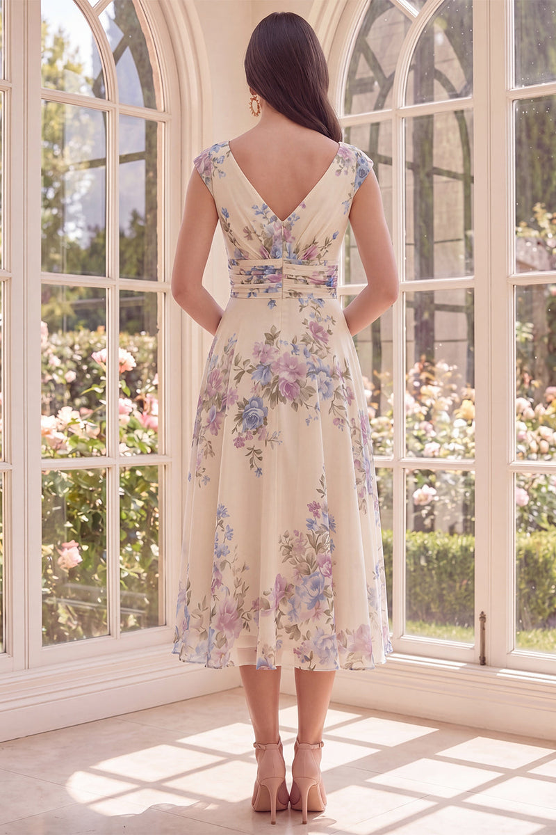 Load image into Gallery viewer, Floral Ruched Apricot V-Neck A Line Maxi Beach Wedding Guest Dress