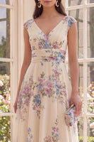 Load image into Gallery viewer, Floral Ruched Apricot V-Neck A Line Maxi Beach Wedding Guest Dress
