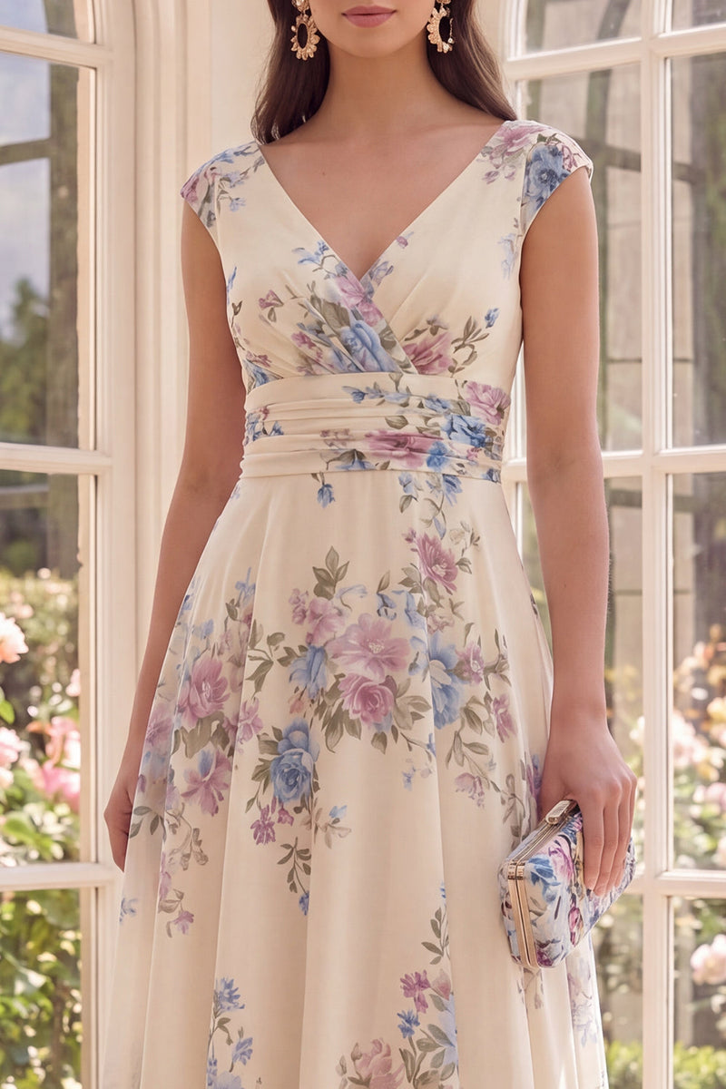 Load image into Gallery viewer, Floral Ruched Apricot V-Neck A Line Maxi Beach Wedding Guest Dress