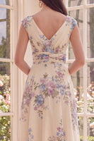 Load image into Gallery viewer, Floral Ruched Apricot V-Neck A Line Maxi Beach Wedding Guest Dress