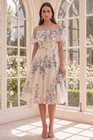 Load image into Gallery viewer, Apricot Off the Shoulder Floral A Line Midi Beach Wedding Guest Dress with Ruffles