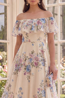 Load image into Gallery viewer, Apricot Off the Shoulder Floral A Line Midi Beach Wedding Guest Dress with Ruffles