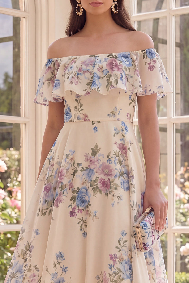 Load image into Gallery viewer, Apricot Off the Shoulder Floral A Line Midi Beach Wedding Guest Dress with Ruffles