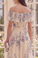 Load image into Gallery viewer, Apricot Off the Shoulder Floral A Line Midi Beach Wedding Guest Dress with Ruffles