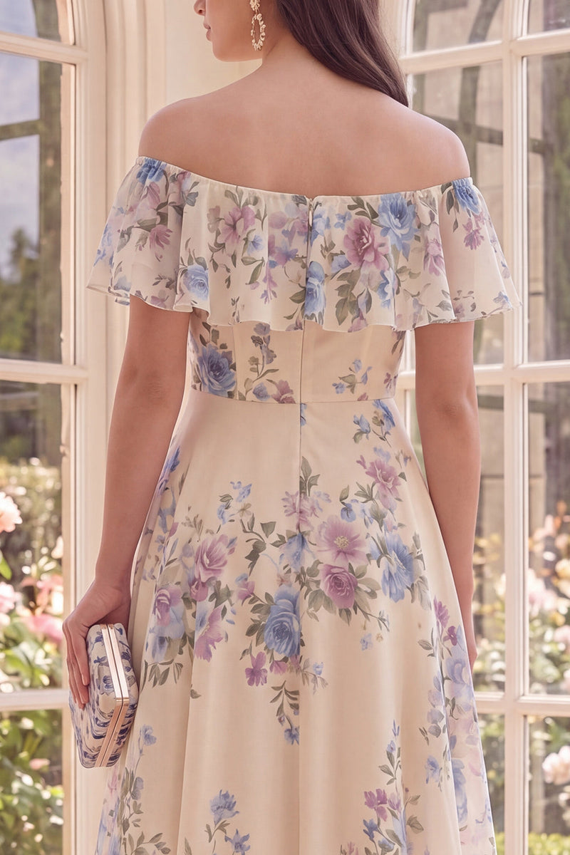 Load image into Gallery viewer, Apricot Off the Shoulder Floral A Line Midi Beach Wedding Guest Dress with Ruffles