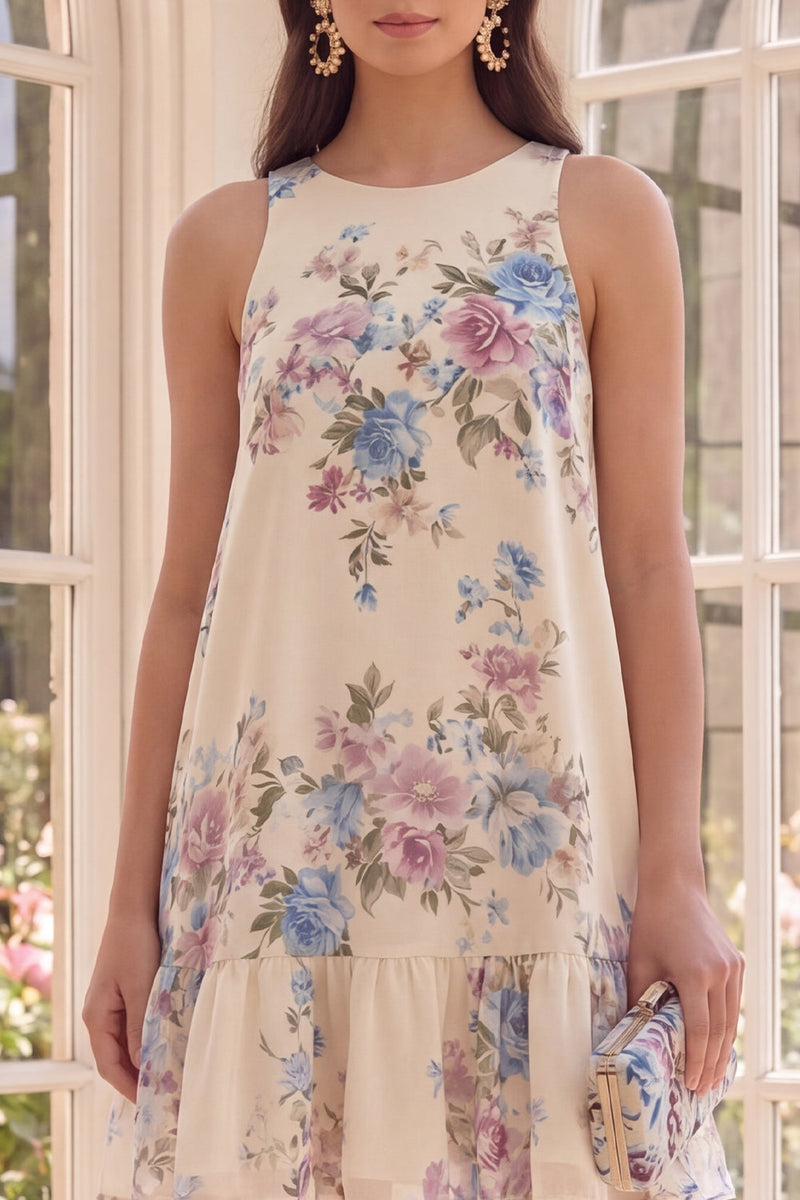 Load image into Gallery viewer, Boat Neck Floral Apricot A Line Short Beach Wedding Guest Dress