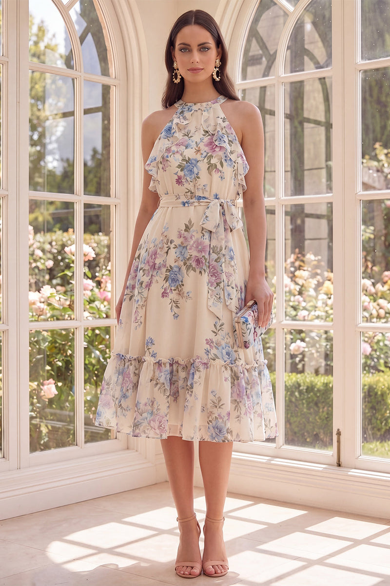 Load image into Gallery viewer, Floral Halter Apricot A Line Ruffled Midi Beach Wedding Guest Dress with Bow