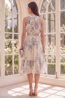 Load image into Gallery viewer, Floral Halter Apricot A Line Ruffled Midi Beach Wedding Guest Dress with Bow