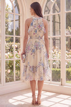 Floral Halter Apricot A Line Ruffled Midi Beach Wedding Guest Dress with Bow