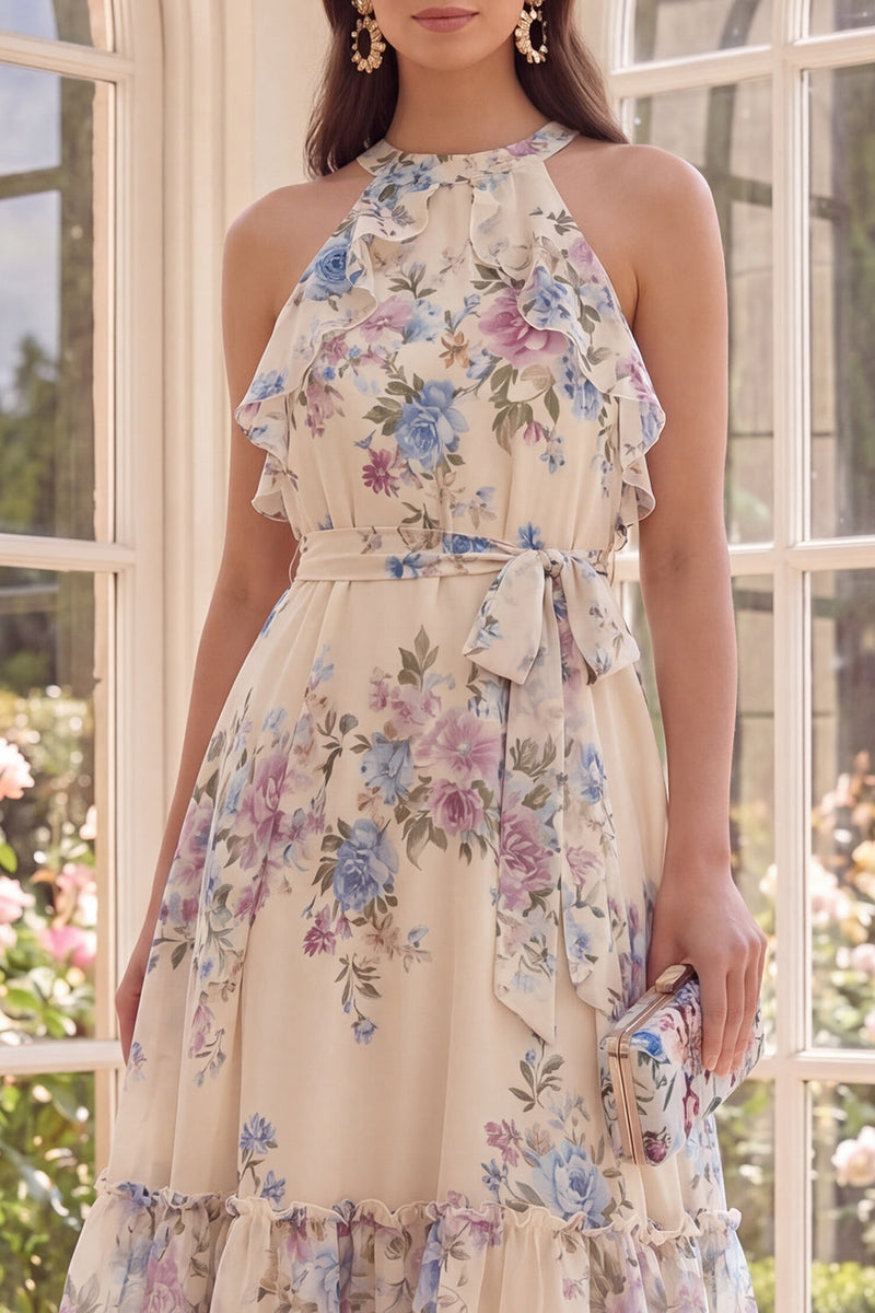 Load image into Gallery viewer, Floral Halter Apricot A Line Ruffled Midi Beach Wedding Guest Dress with Bow