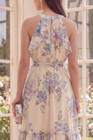 Load image into Gallery viewer, Floral Halter Apricot A Line Ruffled Midi Beach Wedding Guest Dress with Bow