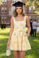 Load image into Gallery viewer, Butter Yellow Square Neck Floral A Line Short Graduation Dress with Pockets