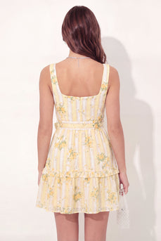 Butter Yellow Square Neck Floral A Line Short Graduation Dress with Pockets