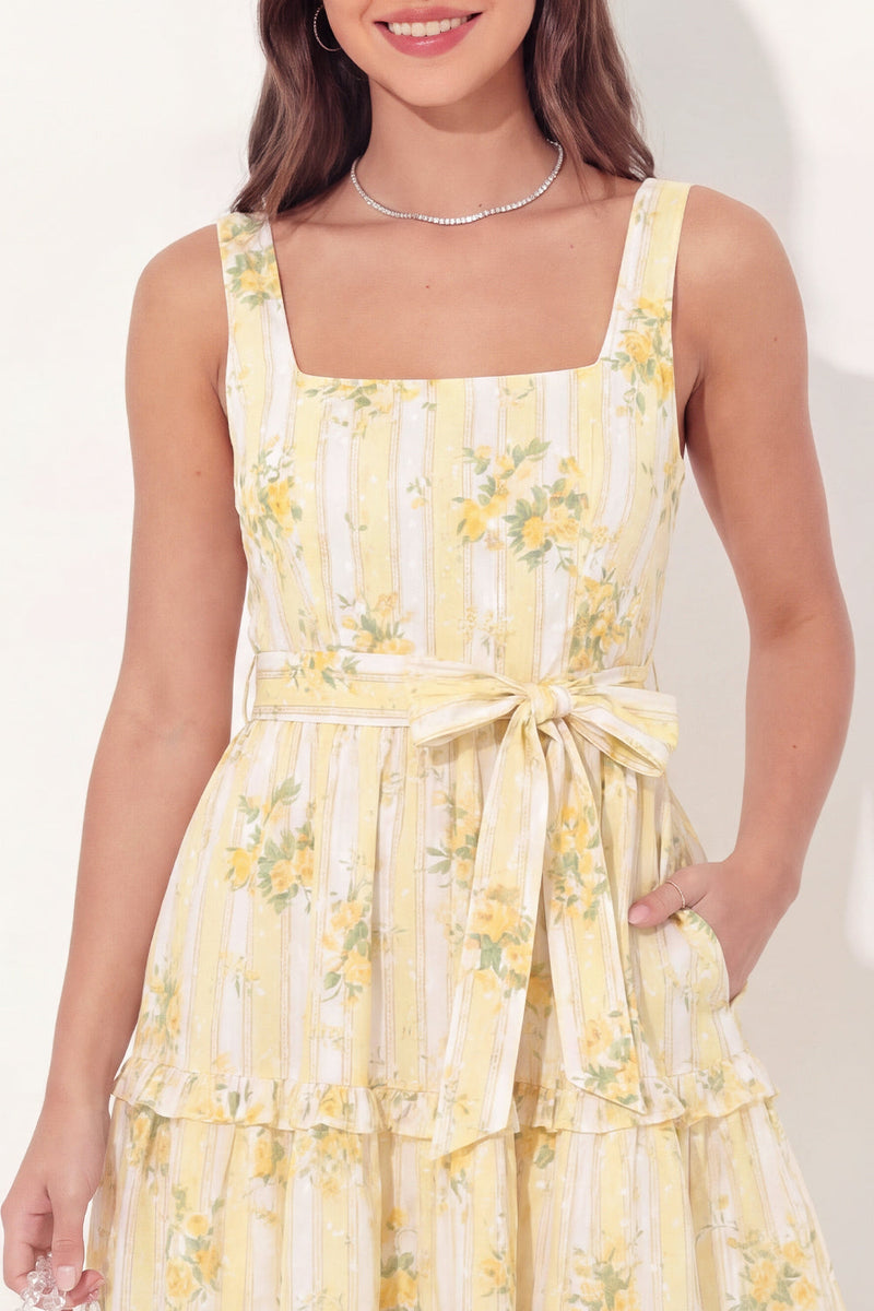 Load image into Gallery viewer, Butter Yellow Square Neck Floral A Line Short Graduation Dress with Pockets