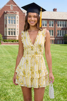 Load image into Gallery viewer, Floral V-Neck Butter Yellow A Line Short Graduation Dress with Ruffles