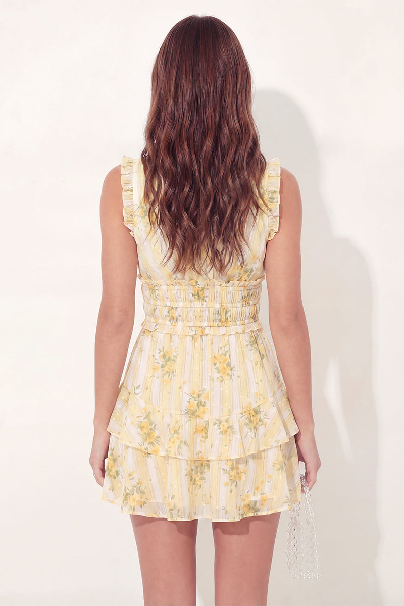 Load image into Gallery viewer, Floral V-Neck Butter Yellow A Line Short Graduation Dress with Ruffles