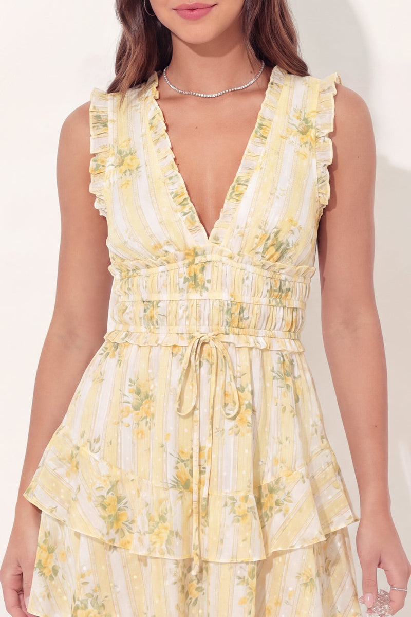 Load image into Gallery viewer, Floral V-Neck Butter Yellow A Line Short Graduation Dress with Ruffles