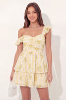 Load image into Gallery viewer, A Line Butter Yellow Floral Thick Straps Short Graduation Dress with Ruffles