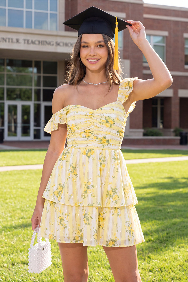 Load image into Gallery viewer, A Line Butter Yellow Floral Thick Straps Short Graduation Dress with Ruffles