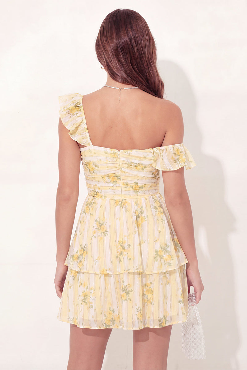 Load image into Gallery viewer, A Line Butter Yellow Floral Thick Straps Short Graduation Dress with Ruffles