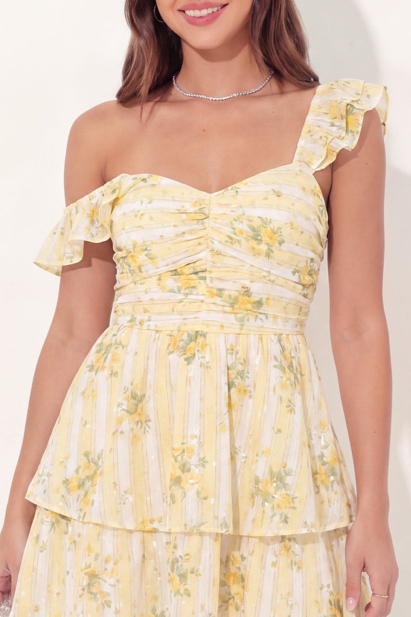 Load image into Gallery viewer, A Line Butter Yellow Floral Thick Straps Short Graduation Dress with Ruffles