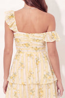 Load image into Gallery viewer, A Line Butter Yellow Floral Thick Straps Short Graduation Dress with Ruffles