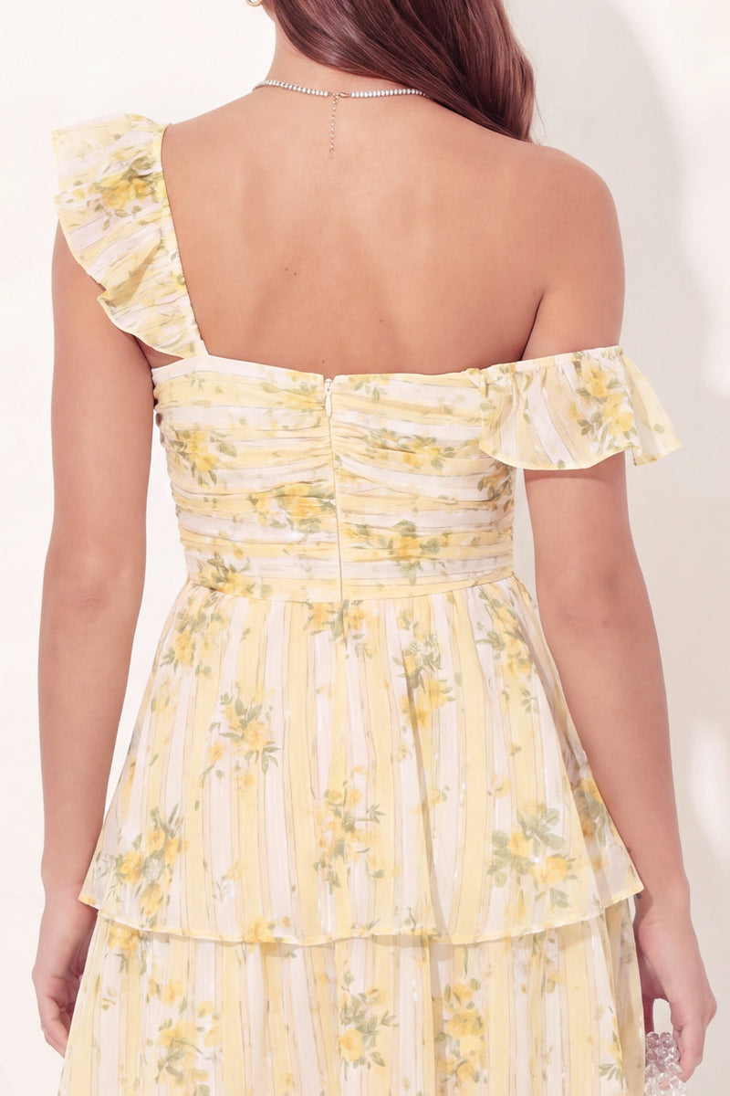 Load image into Gallery viewer, A Line Butter Yellow Floral Thick Straps Short Graduation Dress with Ruffles