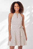 Load image into Gallery viewer, Black and White Keyhole Halter A Line Polka Dots Short Graduation Dress with Belt