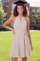 Load image into Gallery viewer, Black and White Keyhole Halter A Line Polka Dots Short Graduation Dress with Belt