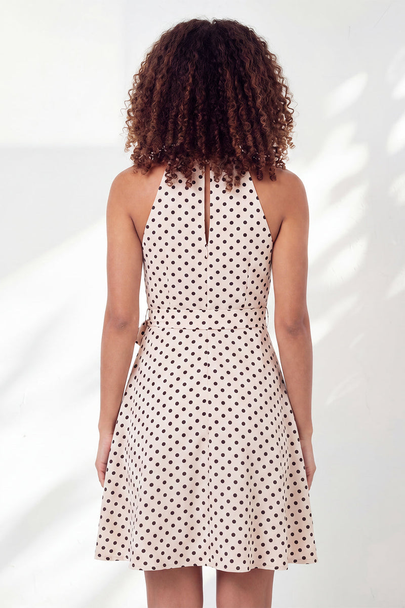 Load image into Gallery viewer, Black and White Keyhole Halter A Line Polka Dots Short Graduation Dress with Belt