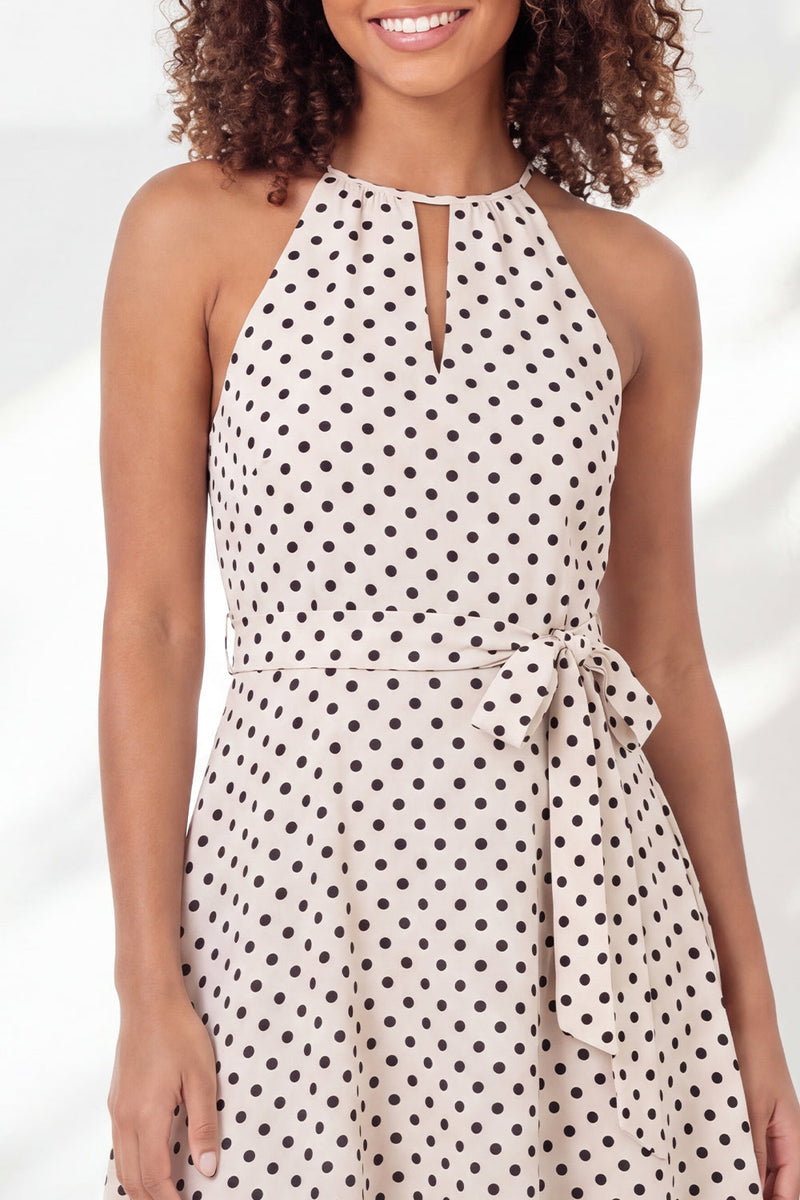 Load image into Gallery viewer, Black and White Keyhole Halter A Line Polka Dots Short Graduation Dress with Belt