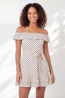 Load image into Gallery viewer, Ruffled Off the Shoulder A Line Black and White Polka Dots Short Graduation Dress with Belt